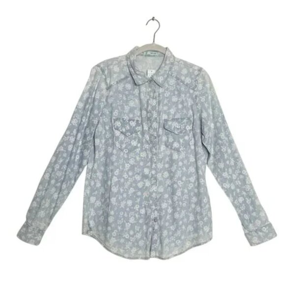 Maurices Light Wash Blue Chambray Denim & White Floral Boho Button Up Top - Picture 1 of 8